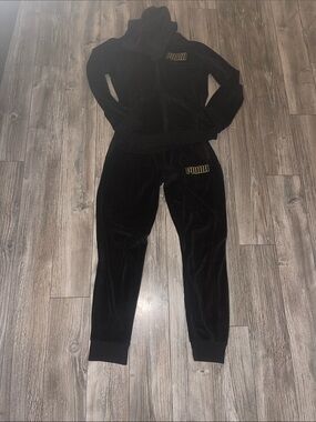 Puma Black Velour Track Jogger Set with Gold Logo